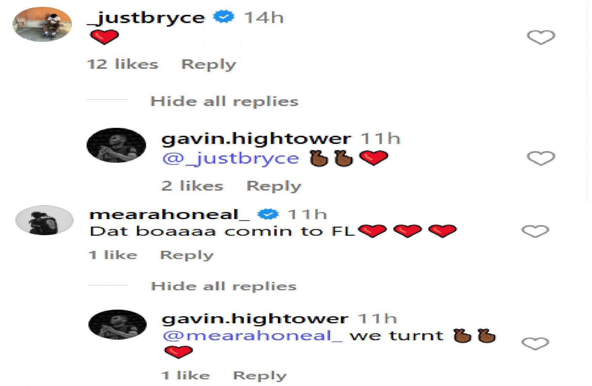 Bryce James and Me'arah O'Neal comment on Bryce James committing to South Florida (source: IG/ gavin.hightower)